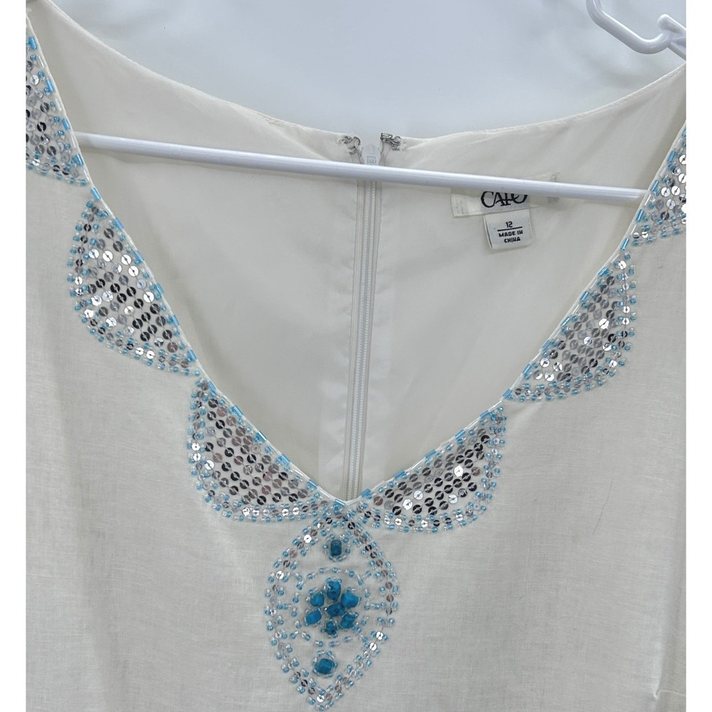 Cato Women Cream Linen Blend Sequin Beaded V-Neck Shift Dress Size 12 Sleeveless - Picture 3 of 8
